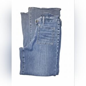 Express Women's Blue Flared Jeans Mid Rise Medium Wash FlexX '70 Large "Short"